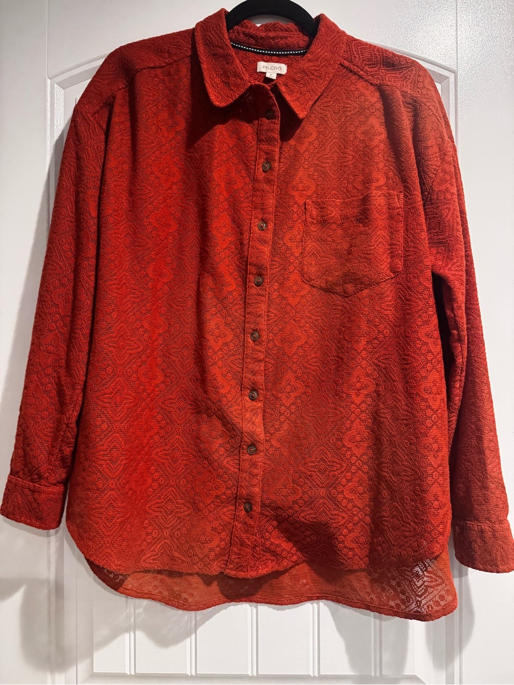 Pilcro Anthropologie Women M Rust Orange Lace Button Down Shirt Blouse Boho